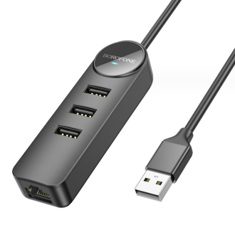 Адаптер Borofone DH6 Erudite 4-in-1 100 Mbps Ethernet Adapter(USB to USB2.0*3+RJ45)(L=1.2M) Black Borofone 6941991104275