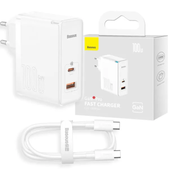 МЗП Baseus GaN5 Pro Fast Charger C+U 100W EU White (With Mini White Cable Type-C to Type-C 100W(20V/5A) 1m White）