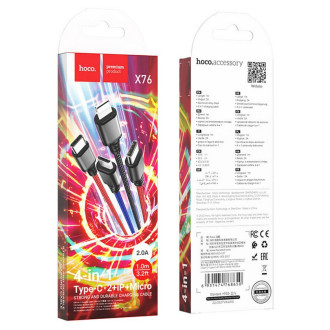 Кабель для заряджання телефонів/планшетів Hoco Кабель HOCO X76 USB to iP+Type-C+Type-C+Micro 2A, 1m, nylon, aluminum connectors Black+Red+Blue 6931474768650